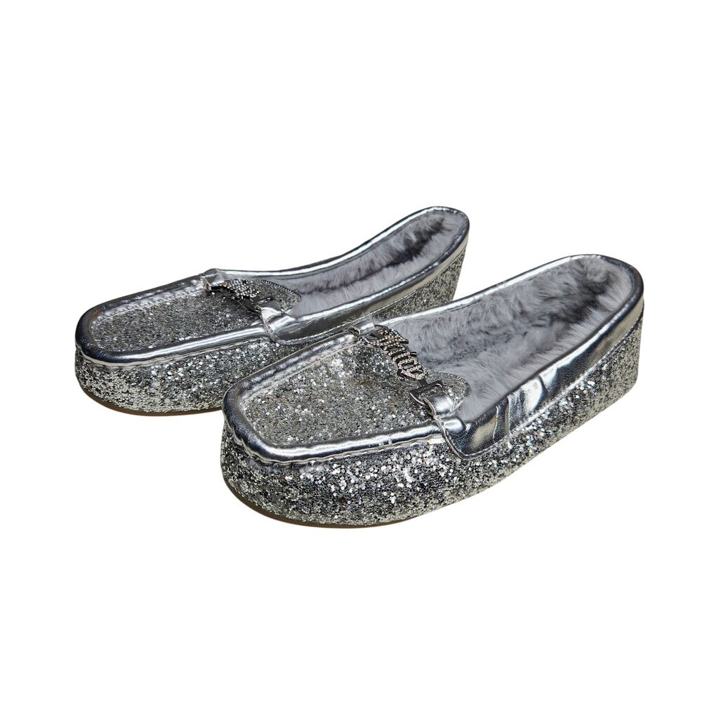 Juicy Couture Silver Glittter Slippers Faux Fur Lining Bling Logo 7